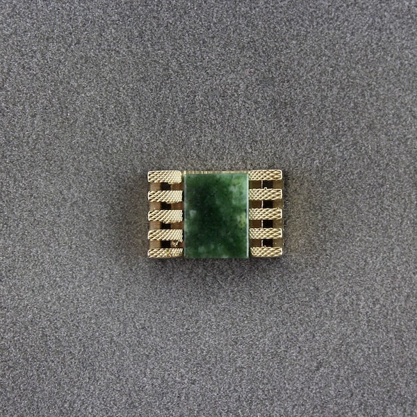 Vintage Genuine Green Mottled Jade Rectangular Open Line Design Tie Tack Pin With A Chain And Bar Clasp