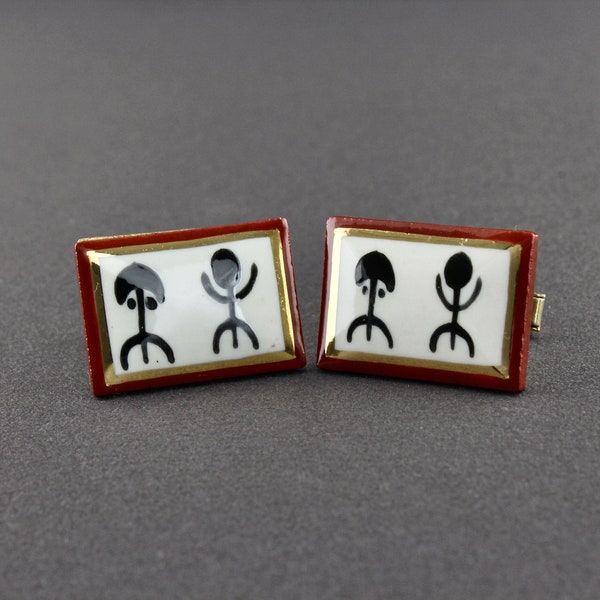 Vintage Victoria Flemming Mid 20th Century Modernist Tribal Design Painted Enamel Porcelain Cufflinks