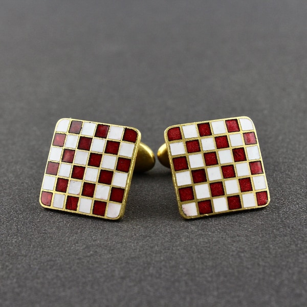 Vintage Art Deco Red And White Cloisonne Enamel Checkerboard Design Solid Back Squares Cufflinks