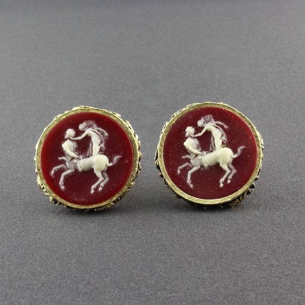 Vintage Dante Museum Masterpiece Dark Red And White Incolay Stone Cameo Style Nude Woman Riding A Mythological Greek Centaur Cufflinks