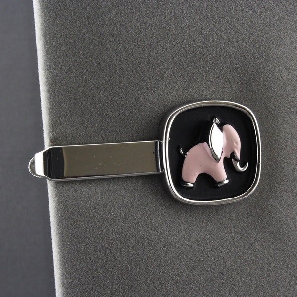 Vintage Hickok USA Three Dimensional Shiny Silver Tone Pink Enamel Elephant Tie Bar Tie Clip