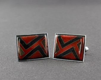 Vintage Mid 20th Century Modernist Black And Red Cloisonne Enamel Geometric Chevron Line Cufflinks