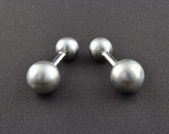 Vintage Silver Tone Brushed Finish Double Sided Round Barbell Style Cufflinks