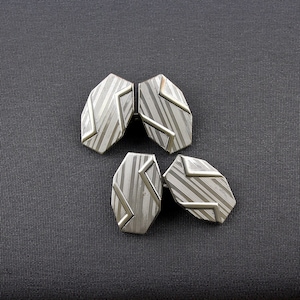 Vintage Hickok Art Deco Shiny Silver Tone Engine Turned Elongated Octagon Double Sided Cufflinks
