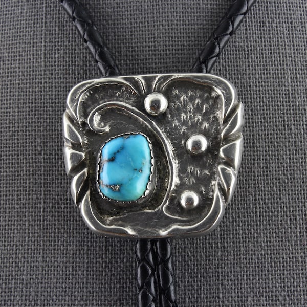 Vintage Native American Sterling Silver Blue Turquoise With Silver Black Matrix Sand Cast Asymmetrical Design Bennett Clasp Bolo Tie