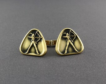 Vintage Female Archer With Bow And Arrow Dressed Like Robin Hood Triangular Cufflinks