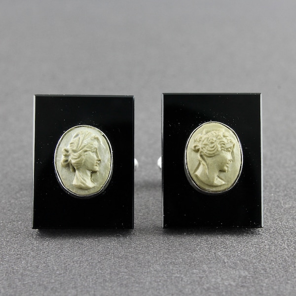 Vintage Swank Sterling Silver Black Onyx And Lava Hand Carved High Relief Profile Of A Woman Cameo Cufflinks