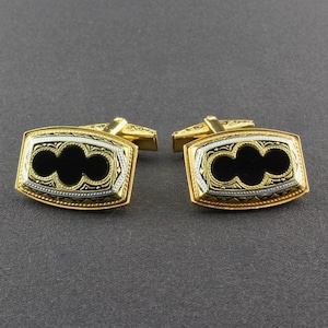 Vintage Spanish Toledo Ware Damascene Black Lucite And Geometric Patterns Rectangular Cufflinks