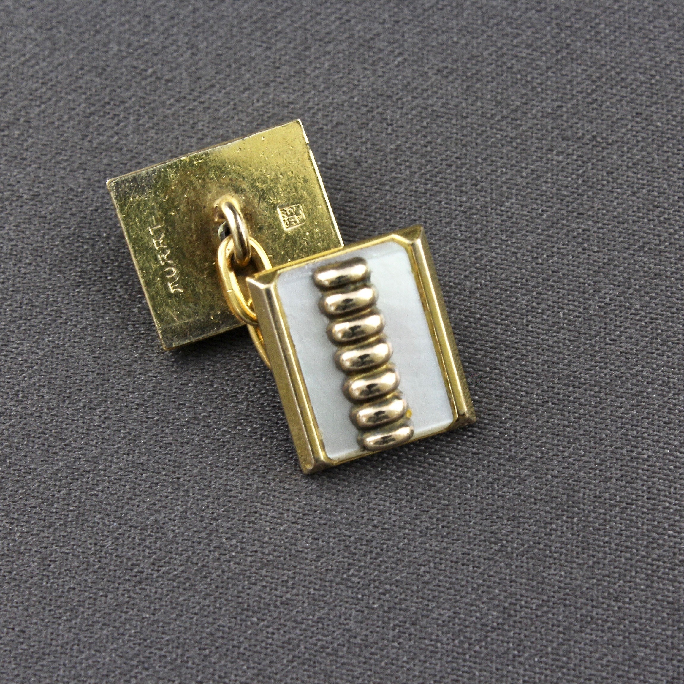 Boutons De Manchette Vintage Art Déco / Moderniste - Marque Murat, Plaqué Or Et Nacre - Occasion