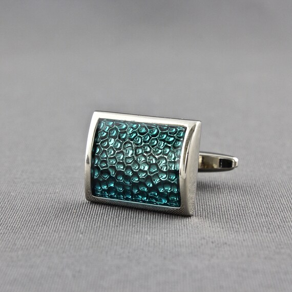 Blue Green Guilloche Enamel Shiny Silver Tone Cur… - image 7