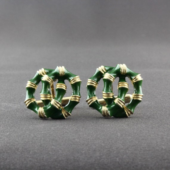 Vintage Swank Green Enamel Two Interlocked Rings … - image 2
