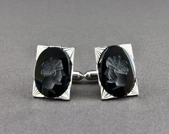Vintage Swank Black Glass Carved Intaglio Cameo Diamond Cut Shiny Silver Tone Rectangular Cufflinks