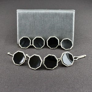Vintage Silverton Svart Lucite Dubbelsidiga Åttkantiga Manschettknappar med 4 Smokingskjortknappar