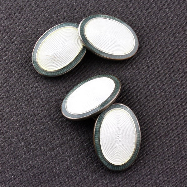 Vintage Art Deco Olive Green And White Guilloche Enamel Oval Double Sided Cufflinks