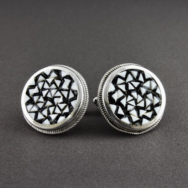 Vintage Large Italian Mosaic Black And White Geometric Design Round Cufflinks