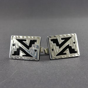 Vintage Mexican Sterling Silver And Black Enamel Engraved Rectangular Cufflinks