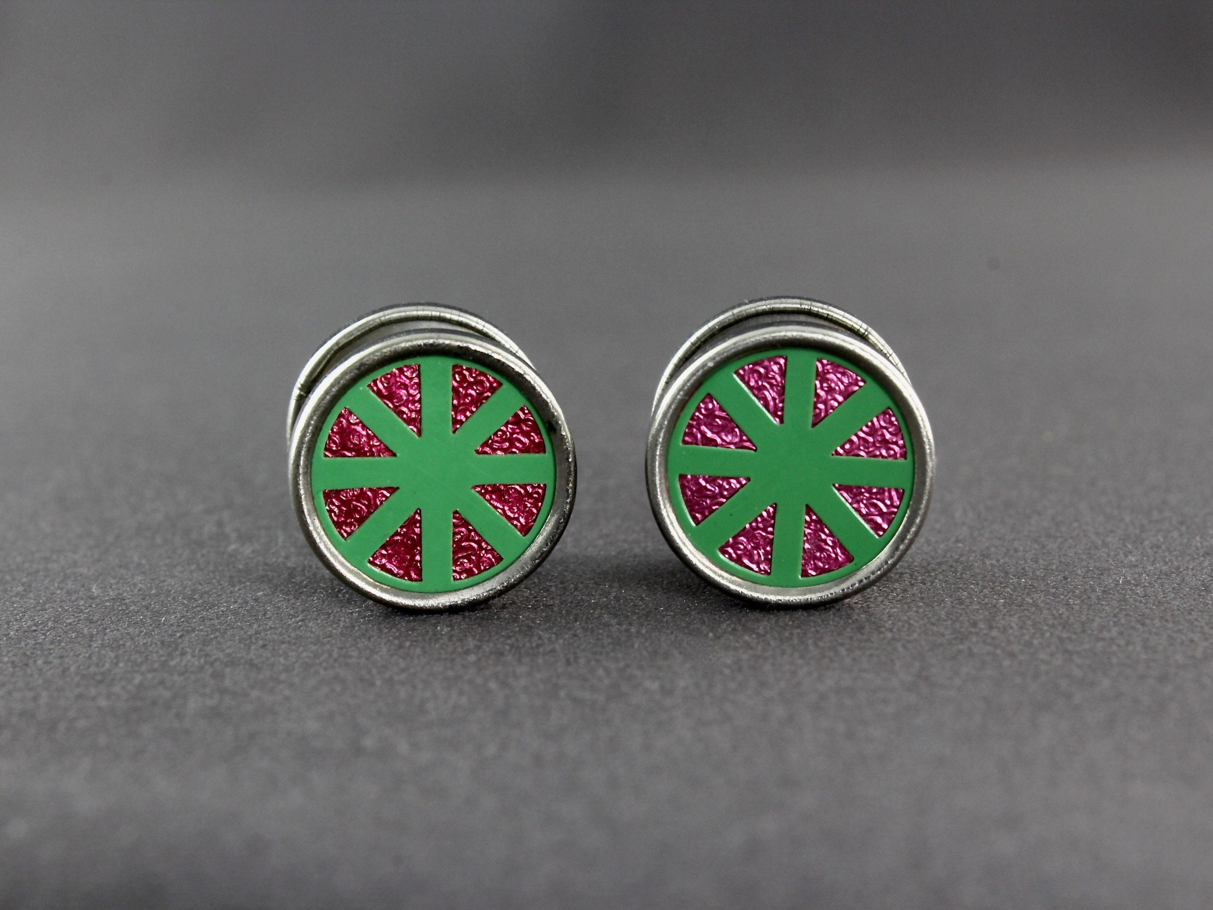 Paire De Boutons De Manchette En Acier Style Art Déco - Vert Et Argenté - Occasion Très Bon état