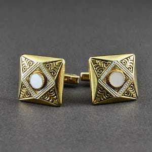 Vintage Spanish Toledo Ware Damascene And White Lucite Geometric Design Square Cufflinks