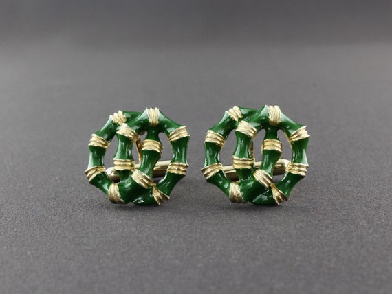 Vintage Swank Green Enamel Two Interlocked Rings … - image 1