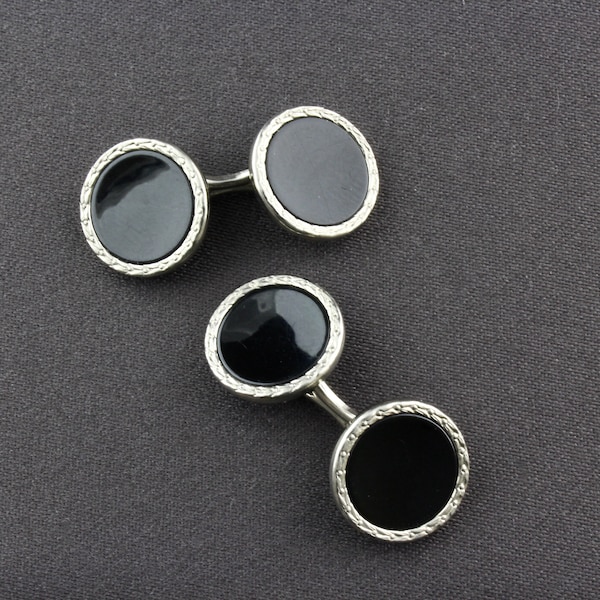Vintage Swank Art Deco Shiny Silver Tone And Black Lucite Double Sided Round Cufflinks