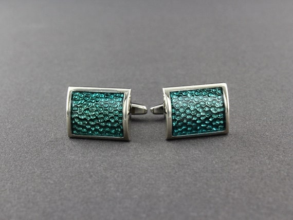 Blue Green Guilloche Enamel Shiny Silver Tone Cur… - image 1