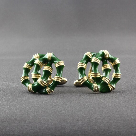 Vintage Swank Green Enamel Two Interlocked Rings … - image 3