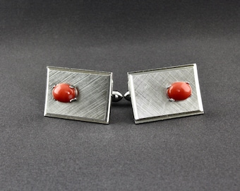 Vintage Swank Dark Pink Salmon Colored Coral Cabochon Shiny Silver Tone Rectangular Cufflinks