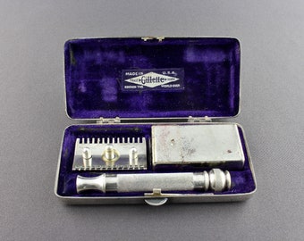 Vintage 1904 Gillette Pocket Edition Silver Double Edge Safety Razor And Blade Case In Original Embossed Basketweave Design Silver Tone Box