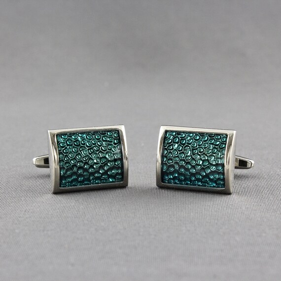 Blue Green Guilloche Enamel Shiny Silver Tone Cur… - image 3