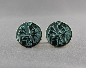 Vintage Winged Sphinx On Pedestal Seated Philosopher In A Hat And Cloak Round Cufflinks