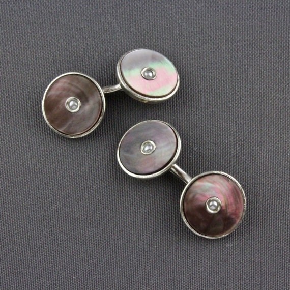 VINTAGE 1920/'s Art Deco Octagon Cufflinks Silver Tone w Pink Mother of Pearl