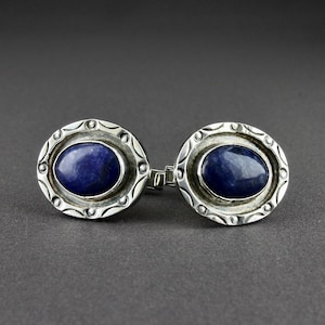 Vintage Sterling Silver Blue And White Sodalite Stone Die Stamped Large Oval Cufflinks