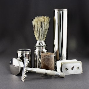 Vintage 1920s German The Shave In All Silver DE Safety Razor Shaving Brush Soap Stick Blade Box Travel Set In Original Silver Metal Tube