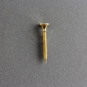 May include: A single, gold-colored screw with a flat head and a threaded shaft. The screw is positioned vertically against a gray background, showcasing its metallic sheen and detailed spiral design.