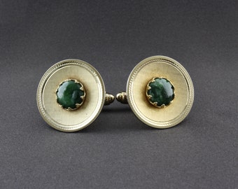 Vintage Large Genuine Green Jade Shiny Gold Tone Round Cufflinks