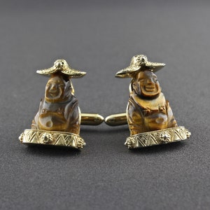 Vintage Large Hand Carved Brown Tiger Eye Stone Buddha Wearing A Hat Cufflinks
