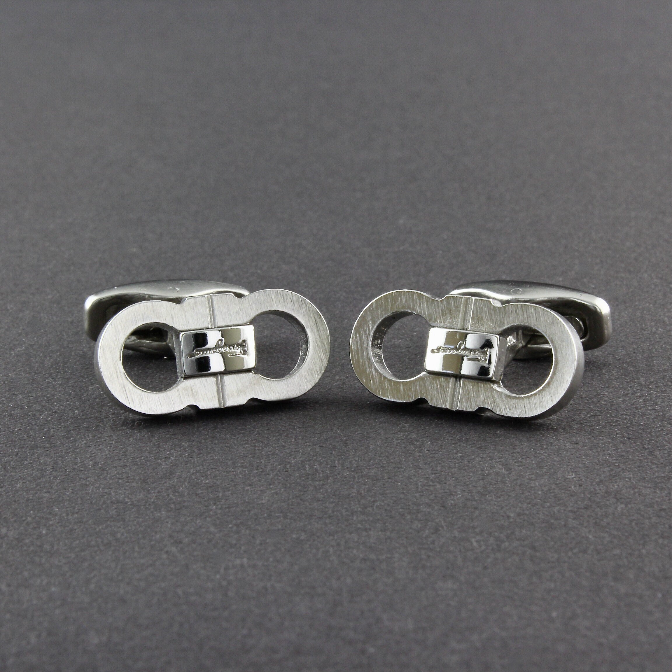 Salvatore Ferragamo Double Gancini Brushed And Shiny Silver Tone Cufflinks