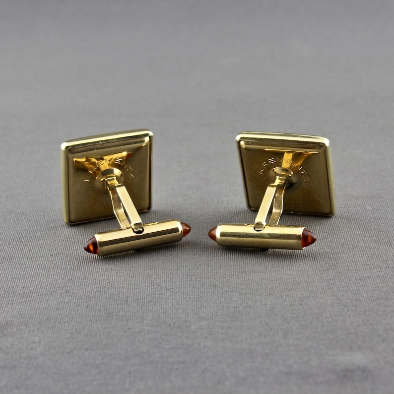 Vintage Krementz Gold Filled Engine Turned Geometric Brown Lucite Decorative Bullet Toggle Cufflinks