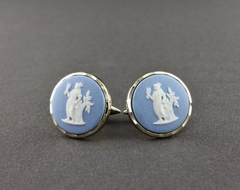 Vintage Gold Tone Blue & White Wedgwood Porcelain Cameo Woman Holding Wheat And Sickle Cufflinks