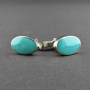 Vintage Mexican Sterling Silver And Blue Turquoise Colored Glass Oval Cufflinks