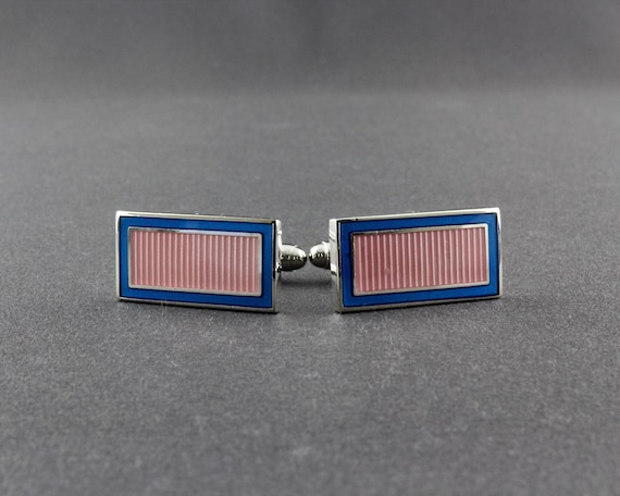 Vintage Shiny Silver Tone Blue And Pink Guilloche… - image 1