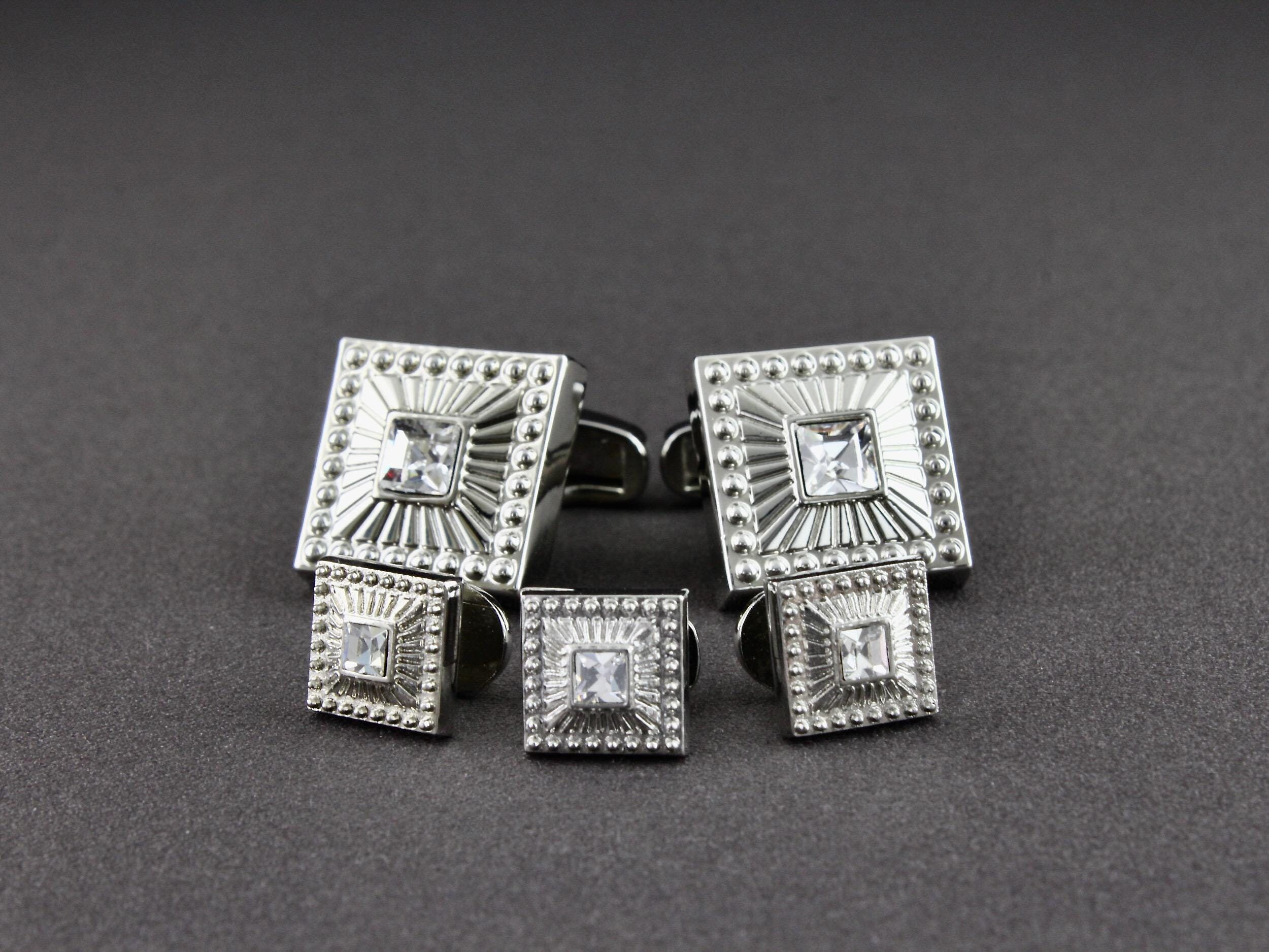 Boutons De Manchette Vintage – Argentés Avec Strass Baguette – Style Rétro élégant