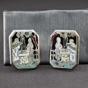 Vintage Victorian Man And Woman Courtship Love Scene At A Wishing Well Enamel Rectangular Cufflinks