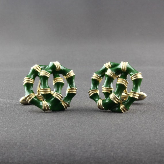 Vintage Swank Green Enamel Two Interlocked Rings … - image 4