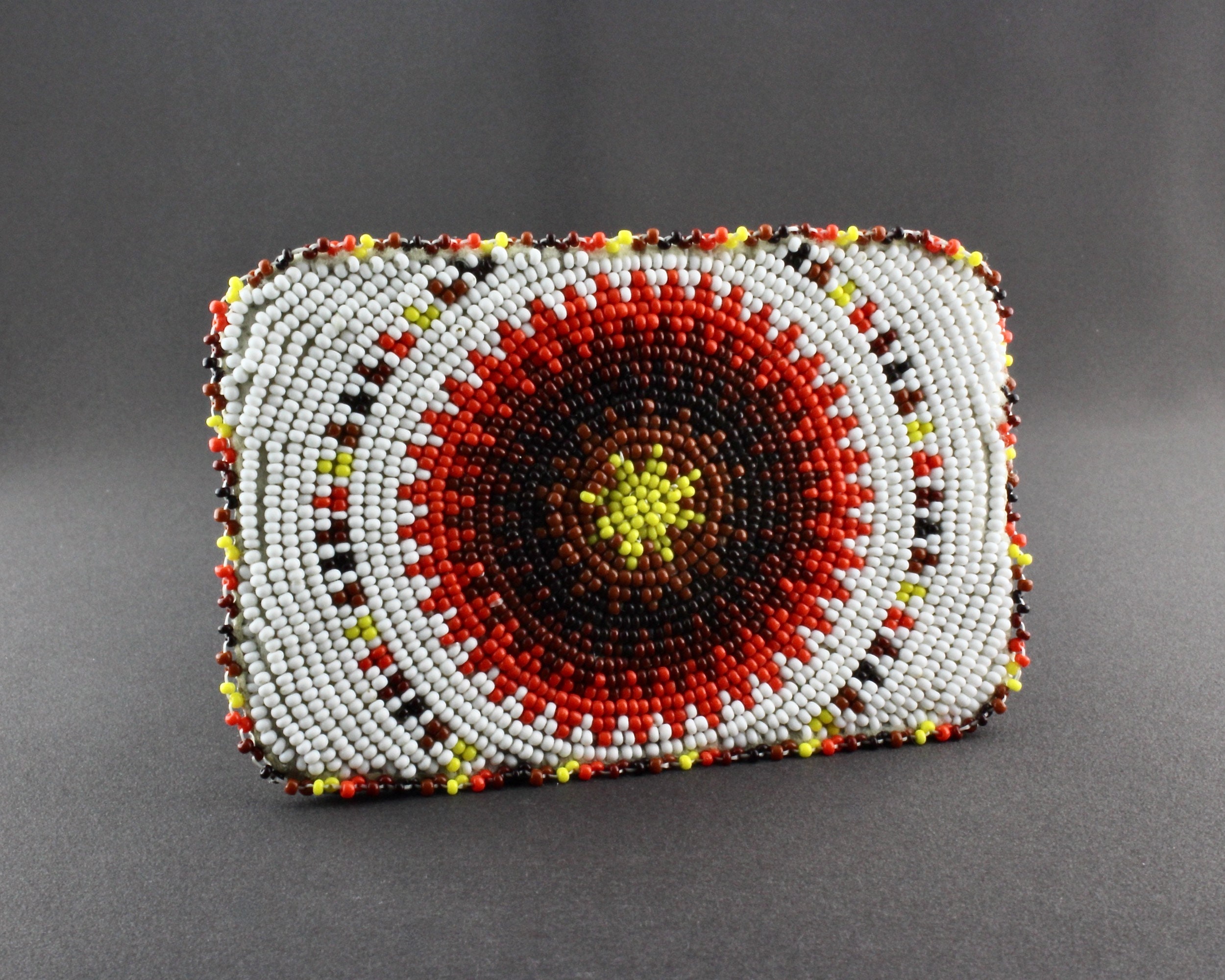 Vintage Native American Indian Beaded Belt Buckle Orange And Brown Starburst Design