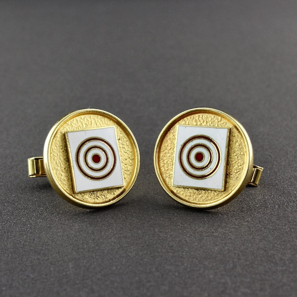 Vintage Large Red And White Cloisonne Enamel Bullseye Target Cufflinks