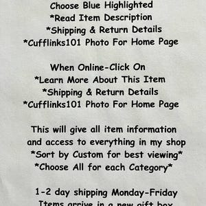 This is an informational page with detail of the complete items information that includes a detailed description along with the items exact measurements. All the shipping and return information is explained and calculated. There is a link to the Etsy store Cufflinks101 and every item that is available for shoppers to purchase.