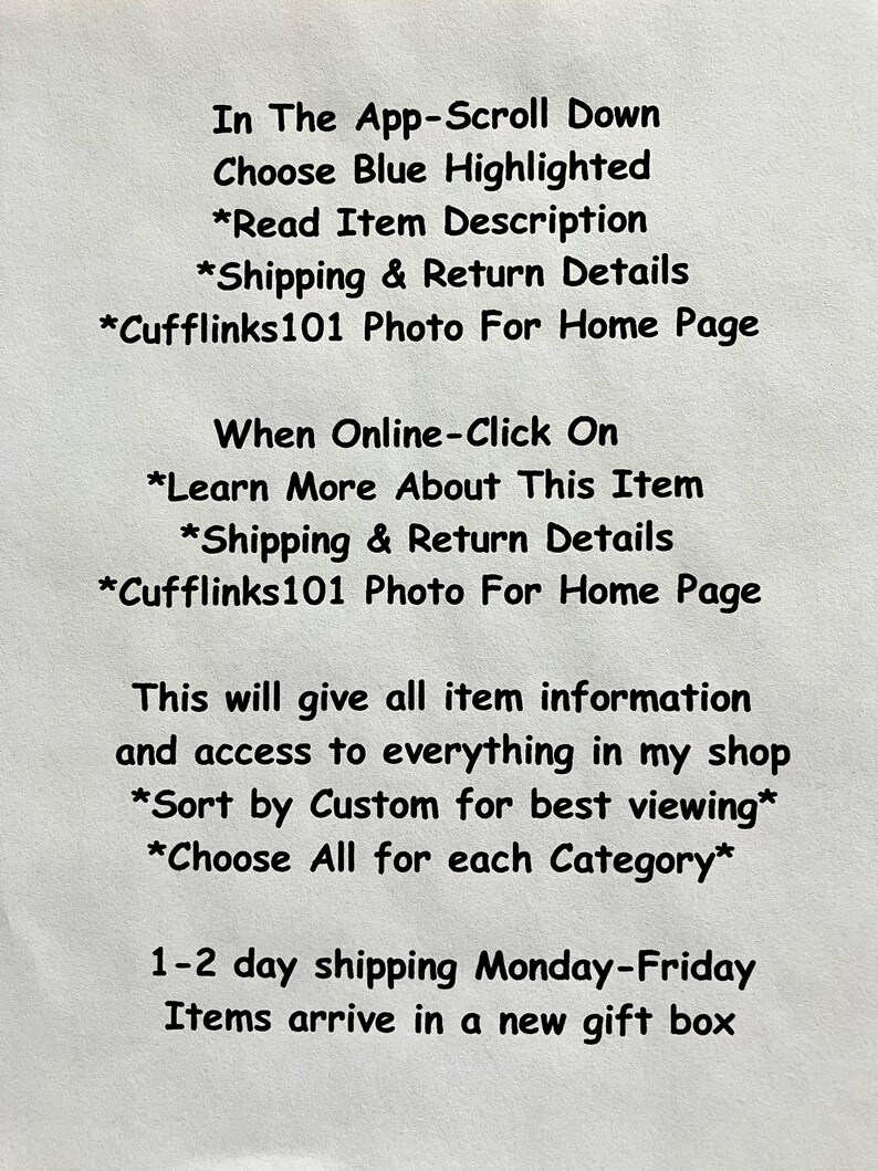 This is an informational page with detail of the complete items information that includes a detailed description along with the items exact measurements. All the shipping and return information is explained and calculated. There is a link to the Etsy store Cufflinks101 and every item that is available for shoppers to purchase.