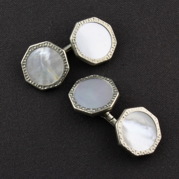 Vintage Art Deco White Mother Of Pearl Octagon Double Sided Cufflinks