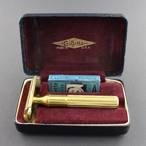Vintage 1940s Gillette Fat Handle Gold Tech Double Edge Safety Razor And Blades In Original Black Box